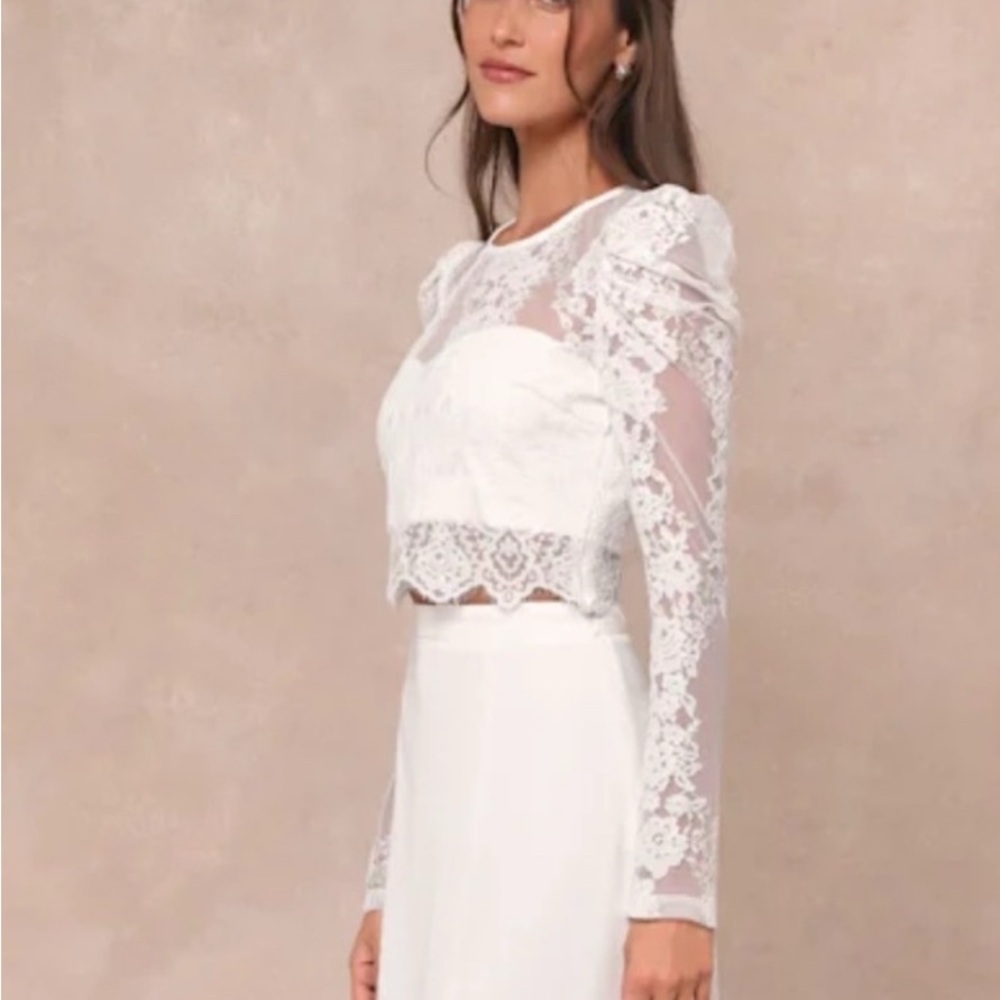 Lulus Women's Ivory Lace Long Puff Sleeve Cropped Blouse Size Medium - Picture 4 of 14
